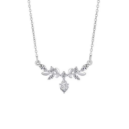 Elegant Leaf & Crystal Pendant Necklace – Minimalist Silver Design